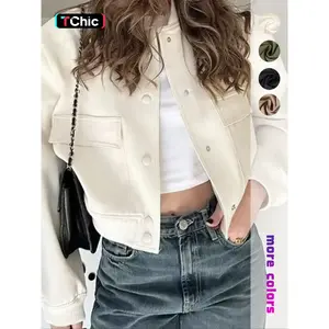 Women's Plain Flap Pocket Crop Bomber Jacket, Casual Long Sleeve Button Front Varsity Jacket, Ladies Outerwear for Daily Wear