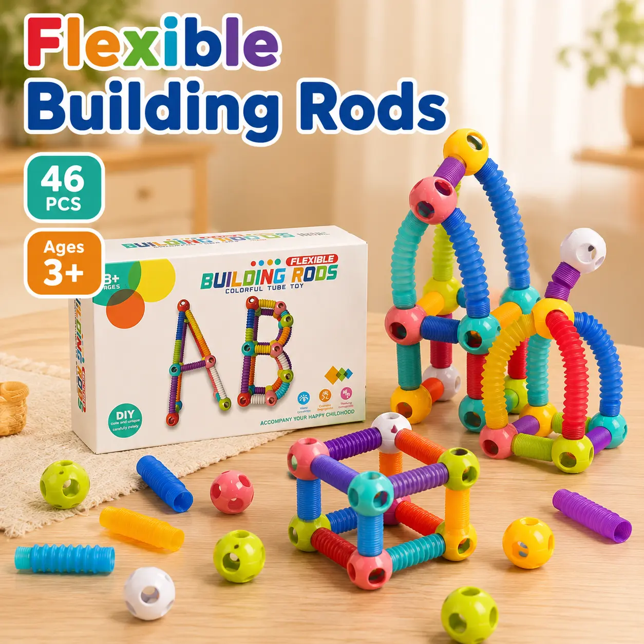 46PCS Bendable Flexible Building Rods Construction Kit for Boys & Girls, Colorful Tube DIY Do It Yourself Open Ended Play Set, Halloween & Christmas Gift for Ages 3+