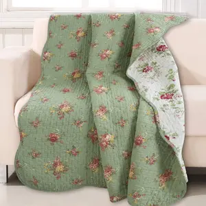 Green Floral Scalloped Edge Cotton Reversible Quilted Throw Blanket