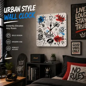 Square Graffiti Wall Clock, Hip Hop Street Art Decorative Wall Clock with Large Numbers for Living Room, Bedroom, Office, Modern Home Decor