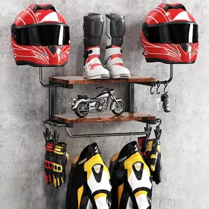 Motorcycle Helmet Holder Wall Mount 2-Tier Helmet Rack with 2 Hat Stands Motorcycle Accessories Gear Storage Organizer Display for Jackets Caps in Garage Living Room Rustic Brown