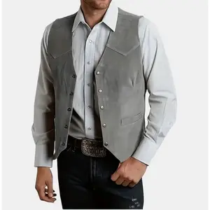 Rugged style Men'S Casual Suede Leather Vest Vintage Cowboy Style Sleeveless Jacket Slim Fit Wedding Waistcoats V-Neck Regular Fit Spring/Case 95% Polyester 5% Elastane Solid Color Button Front Woven Polyester Lining