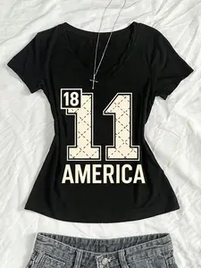 Women's Digital Print Statement V Neck Short Sleeve T-Shirt Fitted, Loose Fit Soft and Breathable Streetwear Tee for Summer, Trendy Casual Everyday Top for Students and Professionals