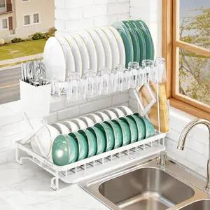 2-Tier Extendable Stainless Steel Kitchen Counter Dish Rack - Large Space-Saving Drainers & Strainer for Bowls, Plates, Cups, Modern Counter Organizer by Deller
