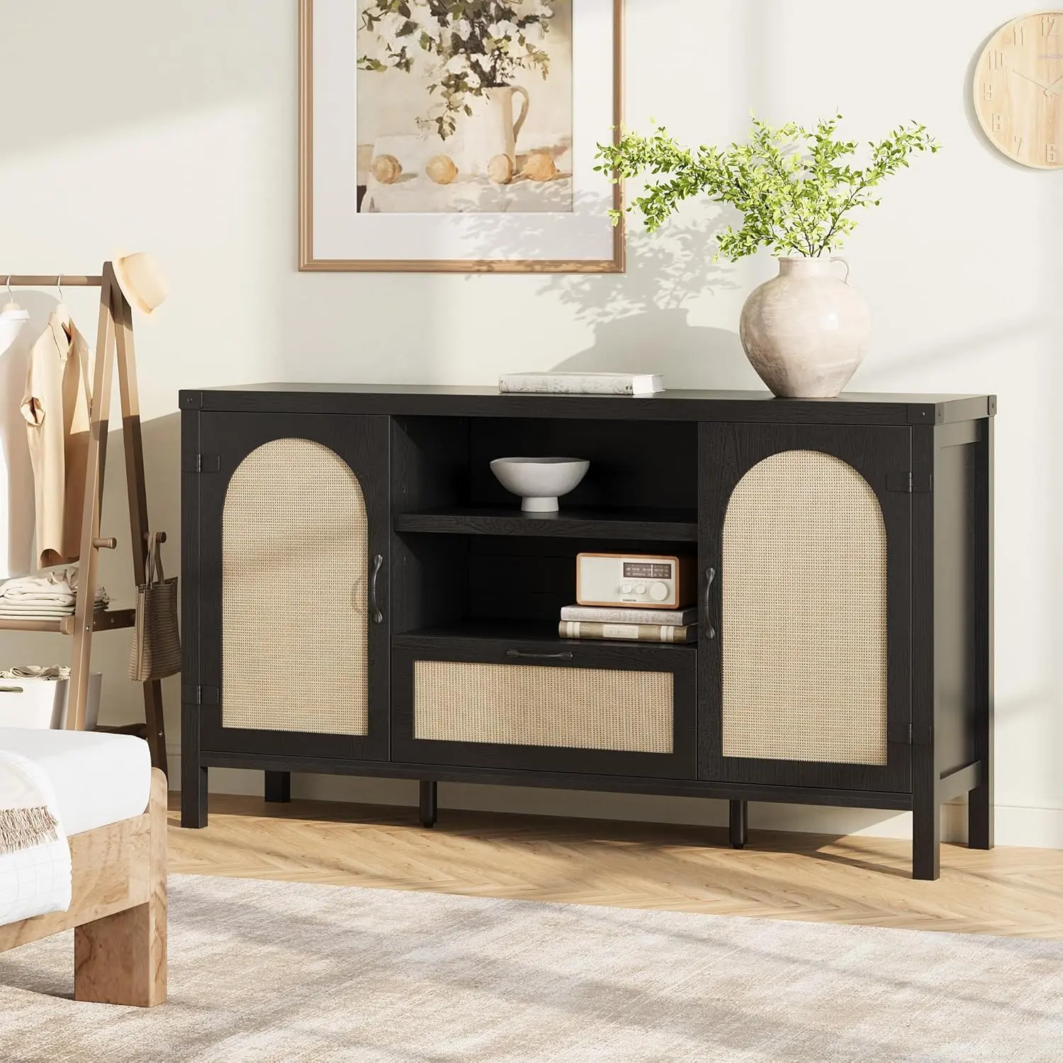 Farmhouse Boho Rattan Sideboard Buffet Cabinet – 59" Wooden Coffee Bar with Storage, Drawers & Open Shelves, Large Entryway Organizer for Dining, Living Room, Kitchen