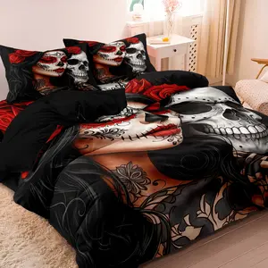 3Pcs Gothic Mexican Sugar Skull Woman Duvet Cover Bedding Set- For Home Bedroom Guestroom Decor - All-Season Decorative Floral & Skull Patterns - Ideal For Day Of The Dead Celebrations