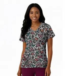 Medichic Kendall Leopard Luxe Printed V-Neck Scrub Top