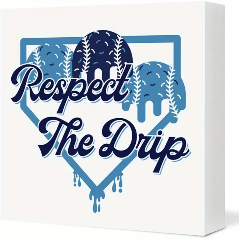 Baseball Sign Decor Baseball Ice Cream Respect the Drip Wood Block Sign Boys Room Sports Room Bedroom Table Shelf Decoration 5x5 inch