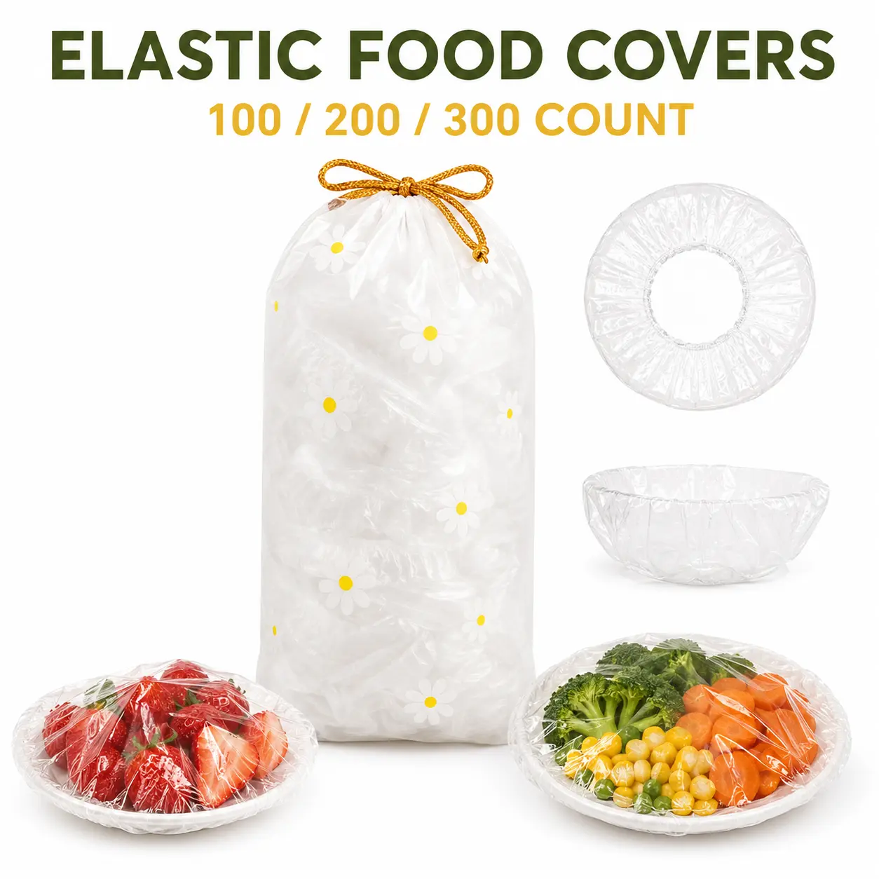 100/200 Count Disposable Elastic Bowl Covers, Clear PE Stretch Food Covers, Plastic Wrap Alternative for Plates, Bowls and Containers, Convenient Leftover Storage for Home Kitchen, Picnics and Parties