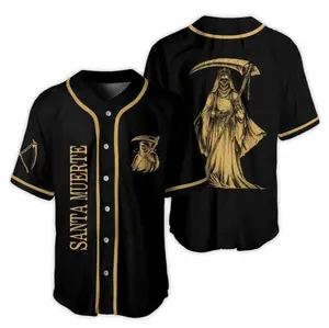 Santa Muerte Mexico Baseball Jersey – Men’s Religious Graphic Shirt, Cultural Button Up Design