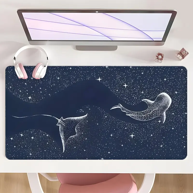 [Mouse Desk Pad] Non-Slip Mouse Pad Large Gaming Mouse Pad Gaming Desk Accessory With Rubber Base & Stitched Edge Cosmic Stingray & Whale Shark Design Desk Top Protector Mat For Home Office Use And Holiday Gifts