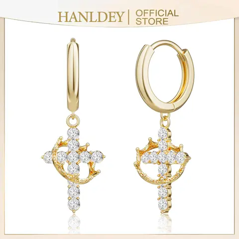Women's 14K Gold-Plated Crown Cross Drop Dangle Huggie Hoop Earrings - Cross Pendant Fashion Jewelry, Daily Gift for Birthday, Careers