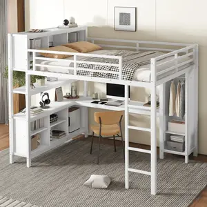 Metal Loft  with Wardrobe And L-shaped Desk, Queen Size Loft  with Storage Cubes and Shelves, Heavy Duty Loft  for Kids Teens Adults, White
