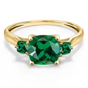 10K Yellow Gold Green Nano Emerald 3-Stone Engagement Ring For Women | 0.99 Cttw | Cushion 7MM and 3MM | Gemstone May Birthstone