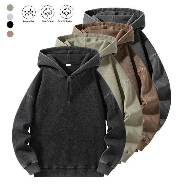 Men’s half-zip hoodie sweatshirt with a vintage washed distressed finish, relaxed fit, suitable for autumn and winter, ideal for everyday streetwear; can be worn as an outer layer or on its own—trendy outerwear / fashionable jacket.