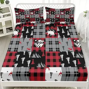 2/3pcs Red And Black Checkered Forest Pattern Background Series Fitted Sheet Set, Suitable For Bedrooms, Hotels, Dormitories And Other Places, Machine Washable (1 Fitted Sheet + 1/2 Pillowcase, No Core)