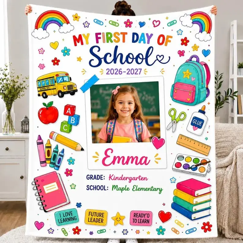 Personalized First Day of School Blanket, Custom Kids Photo Plush Throw Gift
