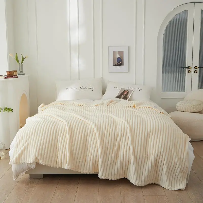 Solid Color Striped Design Blanket, 1 Count Soft Warm Thickened Napping Blanket for Air-conditioned Room, Home Office Travel, All Season Blanket, Brea