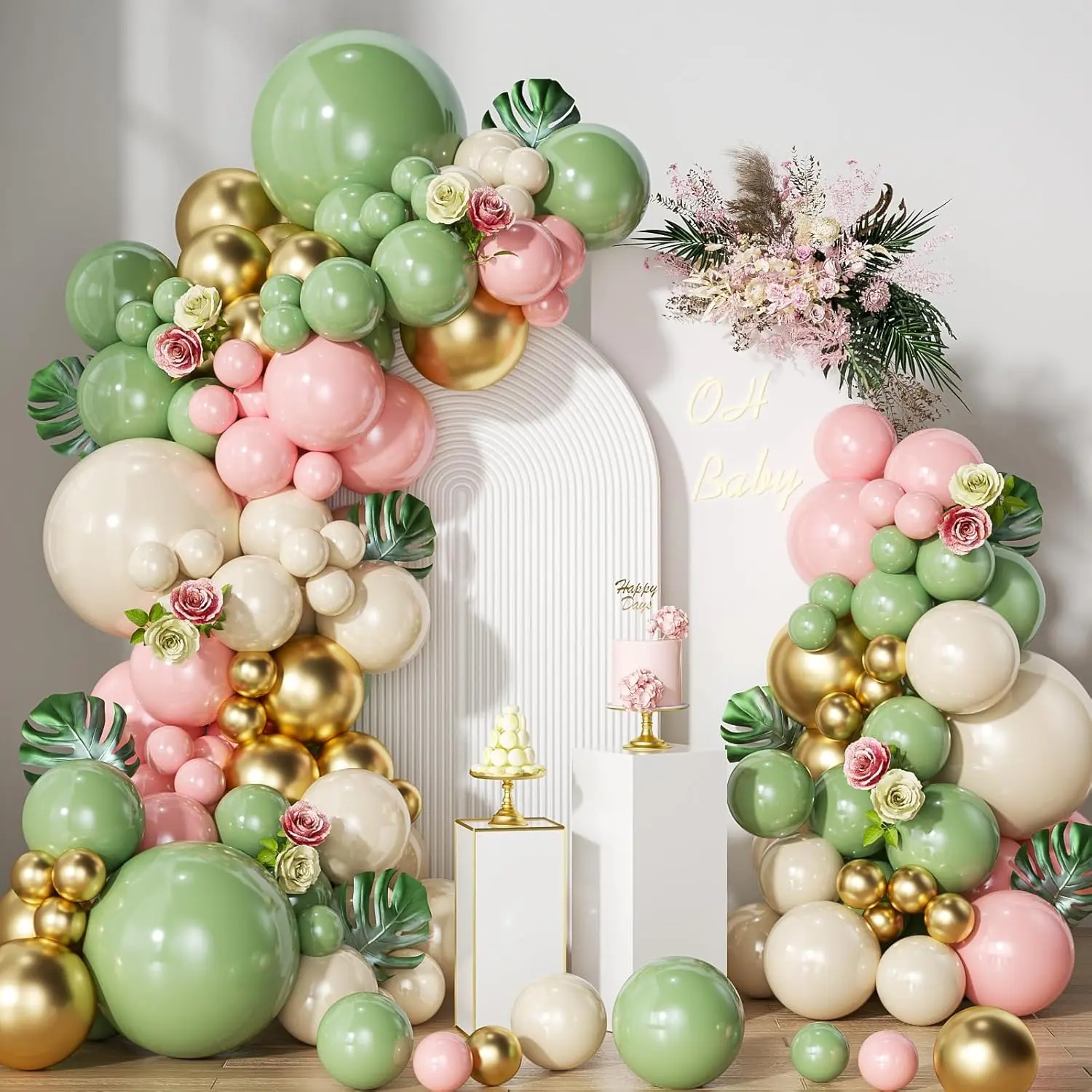 144PCS Pink Sage Green Balloon Garland Arch Kit for Baby Shower Boho Party Decorations