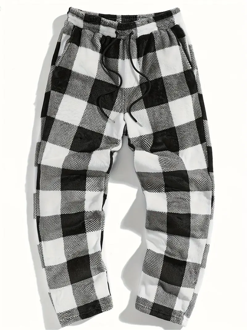 Unisex Plaid Fleece Print Drawstring Pants Casual Daily Wear Winter Warm Sleepwear Christmas Gift Long Pants for Everyday Comfort