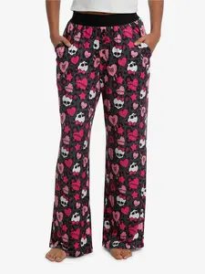 Women's Monster High Skullette Heart Icon Satin Pajama Pants, Comfortable Loungewear for Sleep & Relaxation
