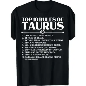 Menswear Loose 100% Cotton 180g Round Neck Shortsleeve Taurus 10 Rules Humorous T-Shirt, Vintage Zodiac Fabric T-Shirt, Ideal for Casual Wear,summervibes
