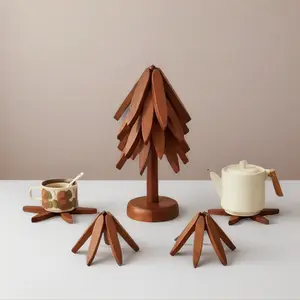 Natural Tree Trivet Set - 4 Wooden Trivets & 1 Stand - Heat-Resistant Foldable Design - Durable & High-Quality Solid Wood - Ideal for Hot Dishes, Pots, Bowls, Teapots - Kitchenware & Tableware Coasters