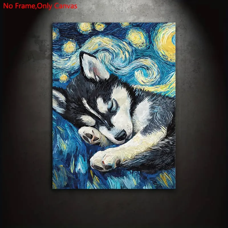 1 piece/set frameless canvas painting print poster, classic post-impressionism style art, Husky puppy Starry Night, a perfect gift for animal enthusiasts, ideal gift for bedroom, living room, dorm hallway, kitchen, mural, wall decoration, room decoration