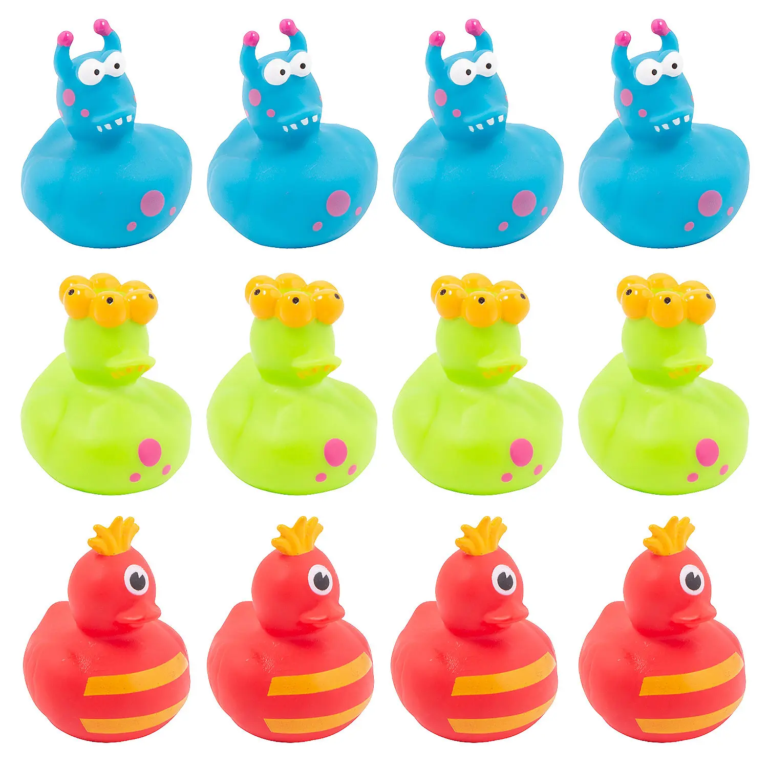 12-Pc 2" Silly Monster Rubber Ducks with Funny Faces - Assorted Colors (Blue, Green, Red) - Classic & Novelty Toy Collection, Birthday Pool Party Decor & Pool Fun Favors, Collectible Figures