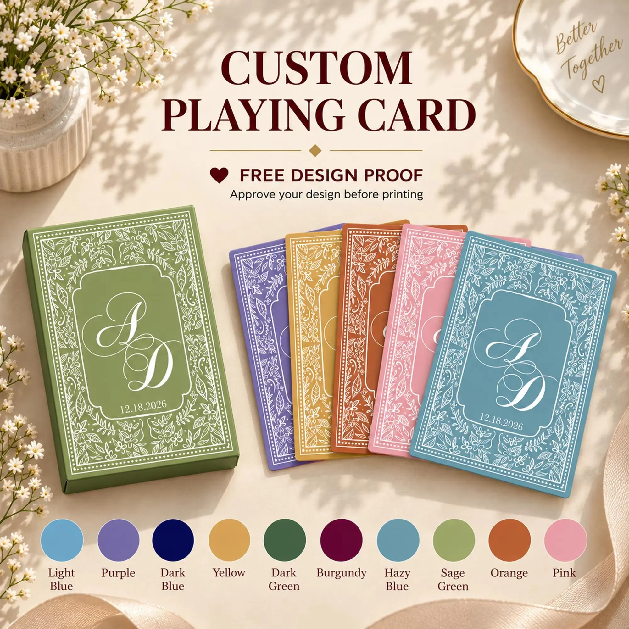 Custom Wedding Playing Cards, Personalized Monogram Initials Deck, Floral Vine Pattern