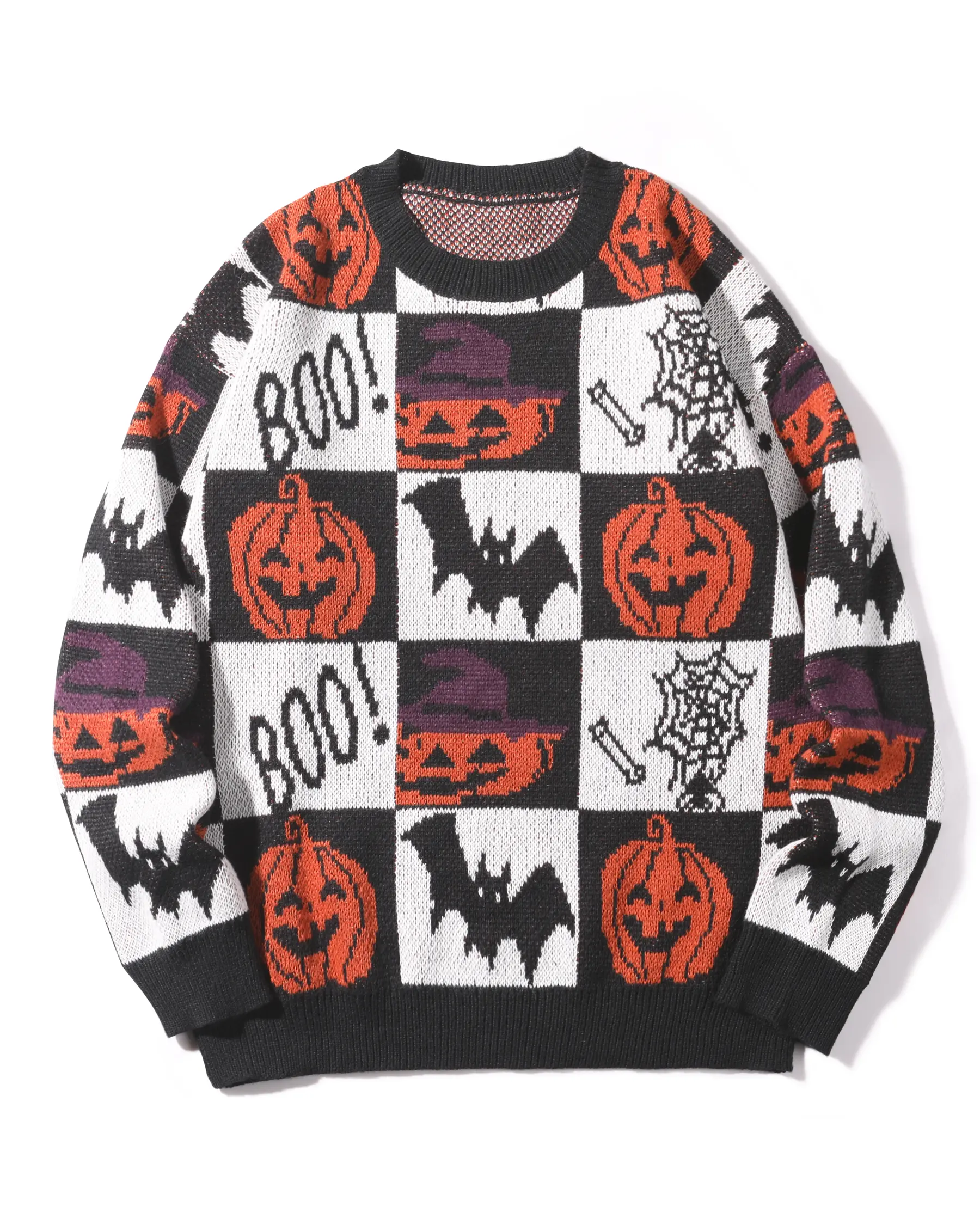 Men's Halloween Knitwear Sweater, Long Sleeve Pullover with Cozy Crew Neck and Festive Pumpkin & Bat Pattern in Knit Fabric, Perfect Halloween Sweater, Casual, Cozy Fall Wear