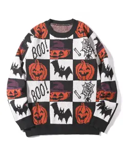 Halloween Sweater for Men Crew Neck Knit Pullover with Pumpkin Bat & BOO Pattern Cozy Fall Outfit Tops Medium