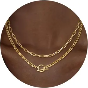 Trendy Layered Necklaces for Women, Cuban Link Paperclip Chain Toggle Clasp Fashion Chunky Jewelry