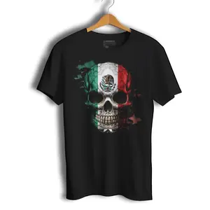 DTG Printed Mexican Flag Skull 2.0 Short Sleeve T-Shirt for Men - Soft 100% Ring-Spun Combed Cotton Classic Crewneck Top