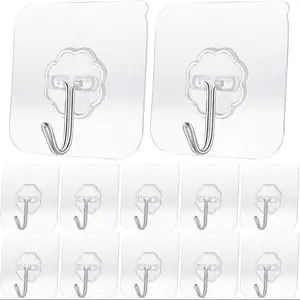 10 Pack Self-Adhesive Hooks, Max 22lbs, Transparent Waterproof Wall Hooks for Keys Bathroom Shower Outdoor Kitchen Door Home Decor