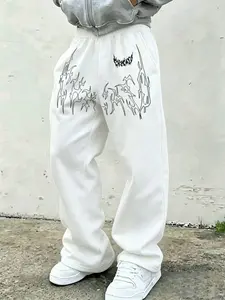Men's Loose-Fit Street Style Pants, Thorn Print Wide Leg Sweatpants, Drawstring Waist, Comfortable and Trendy, All-Season Wear