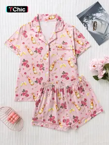 Women's Sweet Rose Wine Bottle Full-Print Pajama Set, Premium Soft Smooth Fabric, Skin-Friendly Comfort, Loose Fit Button-Up Top and Shorts