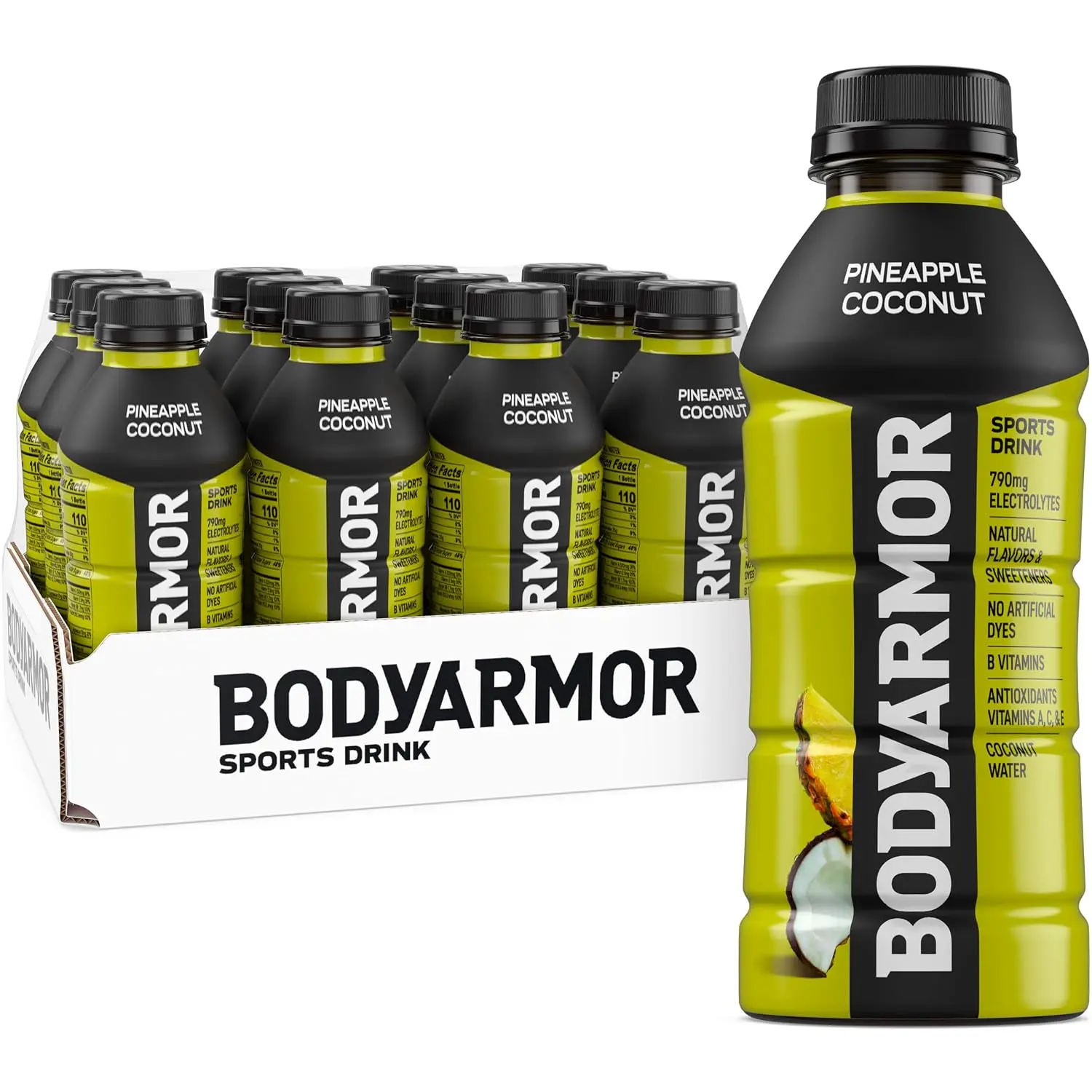BODYARMOR Sports Drink, Pineapple Coconut Electrolyte Drink, 16 Oz (12 Pk) | Coconut Water Hydration Drink, Flavored Water Sport Beverage, 790mg Electrolytes, Natural Flavors & Sweeteners + Antioxidants