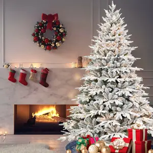 Naistde Flocked Artificial Christmas Tree with 450 Warm White Incandescent Lights 2225 Tips Snowy PE+PVC Hinged Pine Branches Foldable Metal Stand for Holiday Decor Party Decoration Led Lantern Pre-Lit