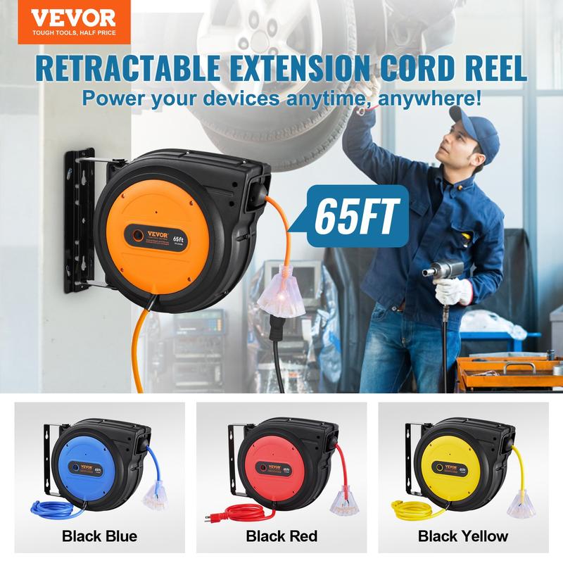 VEVOR Upgraded Retractable Extension Cord Reel, Heavy Duty 12-16AWG/3C SJTOW Power Cord with Lighted Triple Tap Outlet, 15 Amp Circuit Breaker, 180° Swivel Bracket for Ceiling or Wall Tested to UL Standards Cable Safety Convenience VEVOR Super Brand Day
