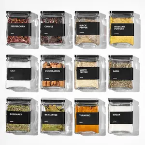 Glass  Jars with  Lid, 4oz Square  Containers for Pantry Organization, Seasoning Bottles with Labels, Spoons, Funnel for Salt Sugar