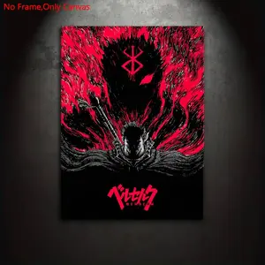 1 piece/set frameless canvas print poster, abstract horror art, Vintage Wall Art, Anime design, retro classic anime red black warrior Guts, perfect gift for Japanese manga culture lovers, ideal for bedroom, living room, kitchen, wall decoration