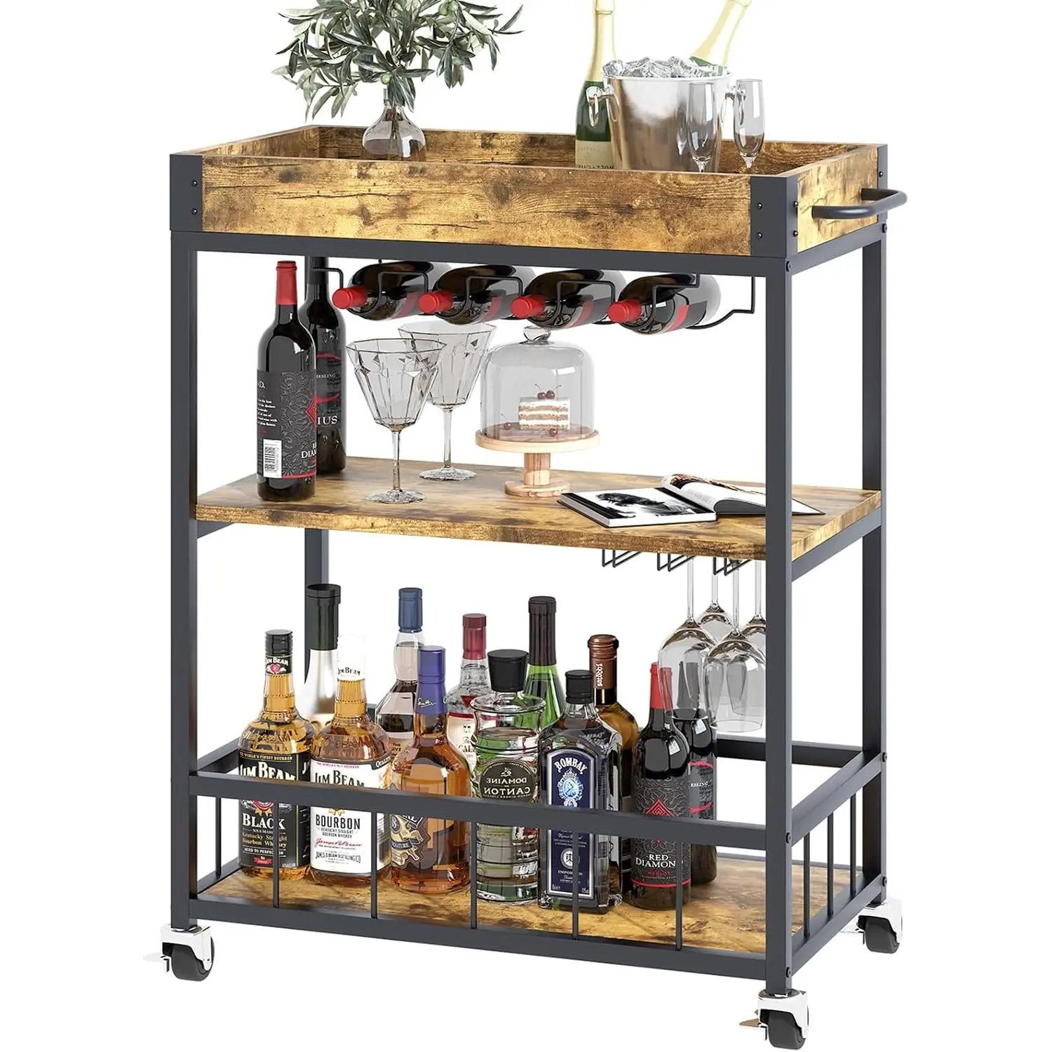 Bar Cart Serving Wine 3 Tier Home Rolling Rack with Wheels Mobile Kitchen Industrial Vintage Style Wood Metal Serving Trolley Serving Cart,Glass Holder Bar Cabinet
