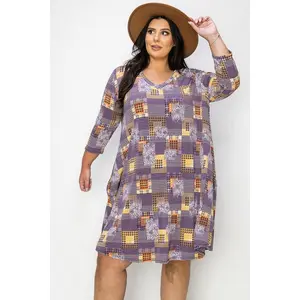 Women's Casual Purple-Orange Patchwork Print Dress, 3/4 Sleeves, Functional Pockets, Soft Fabric, Casual Wear Clothes
