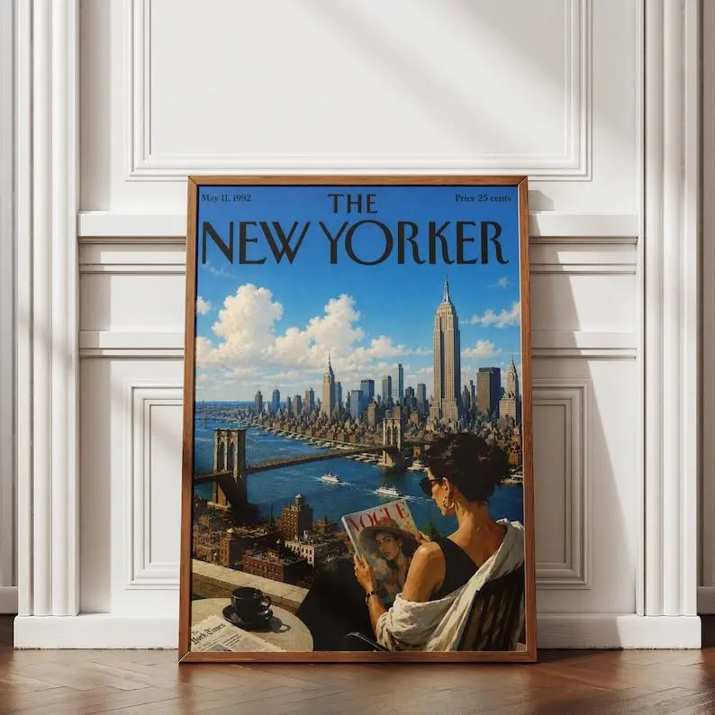 Vintage New Yorker Poster, Brooklyn Bridge Skyline Print, Retro Empire State Building Art, Mid-Century Manhattan Wall Art