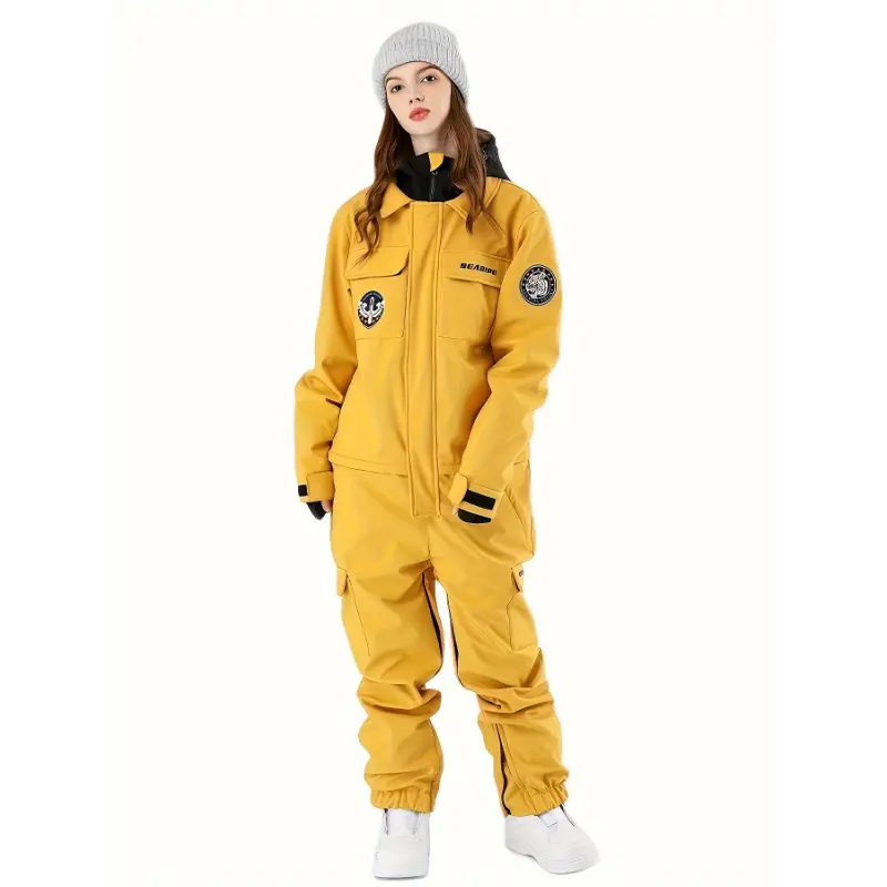 [Waterproof Snowboard Jumpsuit] Light Blue Solid Long-Sleeve Straight Polyester Hooded Winter Ski Outfit - Breathable, Windproof, Reinforced Knees, Multiple Pockets, Secure Zippered Closure, No Dry Clean, Regular Fit, Multi-Size, S, Long Sleeves, Solid Co