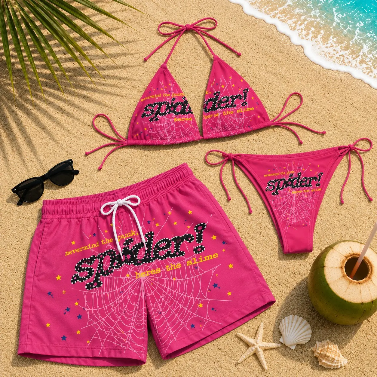 Hot Pink Spider Web Couple Swimwear Set – Y2K String Bikini for Women & Matching Men’s Swim Trunks, Beach Vacation Outfit