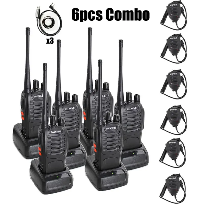 6Pcs Walkie Talkie BF-888S Set Portable Long Range Intercom for Adults 16 Channel Rechargeable Handheld Two Way Radios with Earpieces & Flashlight for Family Restaurant Walkie Talkie Set with Microphones