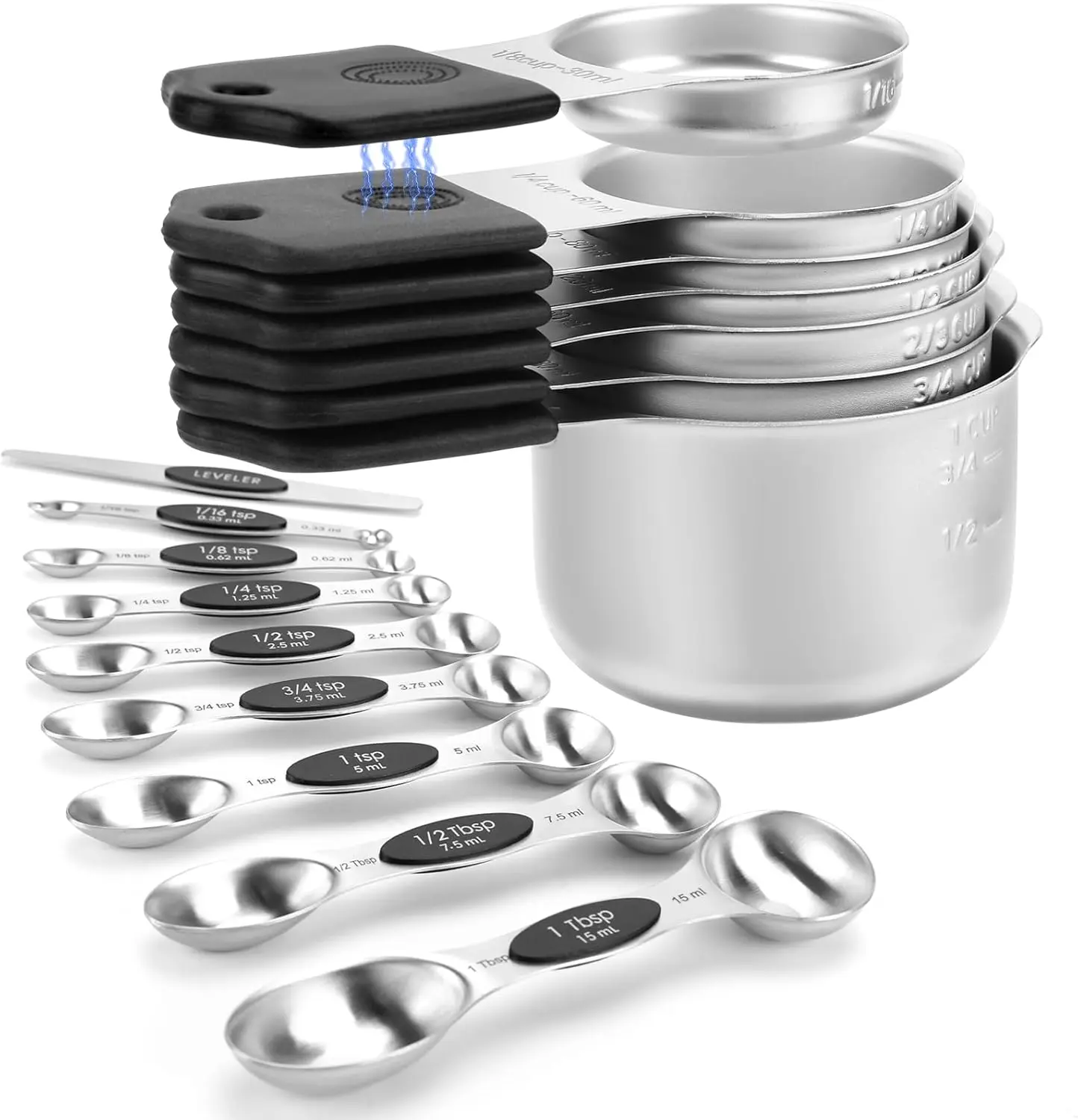 Sturdy Oval Metal Kitchen Utensils Magnetic Measuring Cups and Spoons Set - 16-Piece 304 Stainless Steel, Heavy Duty, Double Measurement Markings, Leveler for Dry and Liquid Ingredients