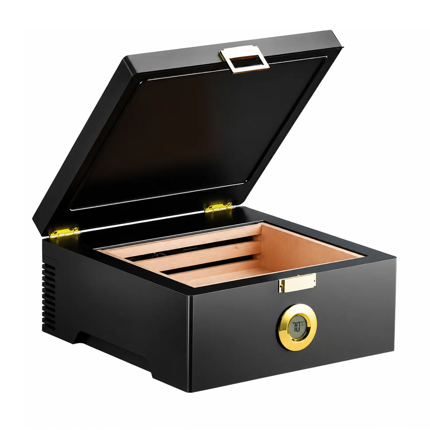 KingChii Temperature-Controlled Storage Box, 64°F–74°F, Built-In Fan, 360° Airflow, Spanish Cedar Interior, Digital Display, Compact Black Gold Gift